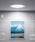 Room lit by 6 Pack 4 Inch Canless LED Recessed Lights With Junction Box, Ultra Thin 5000K Daylight, Dimmable Retrofit Downlights, art on wall.