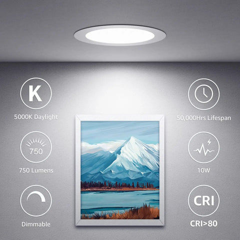 Room lit by 6 Pack 4 Inch Canless LED Recessed Lights With Junction Box, Ultra Thin 5000K Daylight, Dimmable Retrofit Downlights, art on wall.
