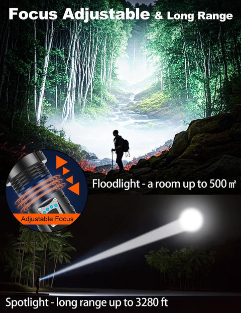 Rechargeable Beast Mode Flashlight With Ultra Bright 100000 Lumens in forest, spotlight zooming 3280 feet