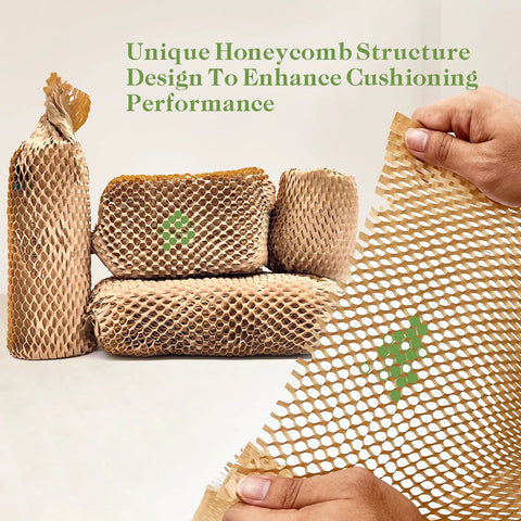 Recyclable Honeycomb Cushioning Paper Roll 12 Inch By 35 Feet For Moving And Shipping Fragile Items Protective Gift Packaging Foam Alternative Wrap shown in use with unique honeycomb structure.