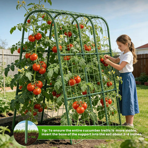 U Shape Garden Trellis For Raised Beds And Climbing Plants, Rustproof Metal Arch With Stainless Steel Core, supporting tomatoes.