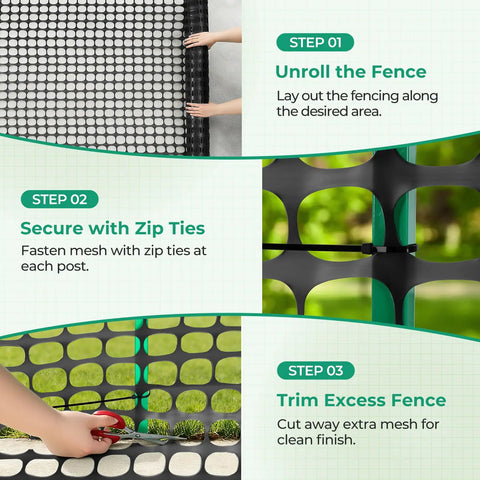 Instructional guide showing steps to install Plastic Garden Fence Netting Roll 4x100ft Reusable Temporary Fencing For Animals And Plants Mesh Barrier With 1.7x1.7in Openings To Keep Out Rabbits Poultry Dogs Deer Snow Fence And Garden Protection, including unrolling, securing with zip ties, and trimming excess.
