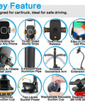 Key features of Heavy Duty Universal Car Truck Phone Mount With Rock Solid 14 Inch Gooseneck Long Arm and Quick Release Button for safe driving.