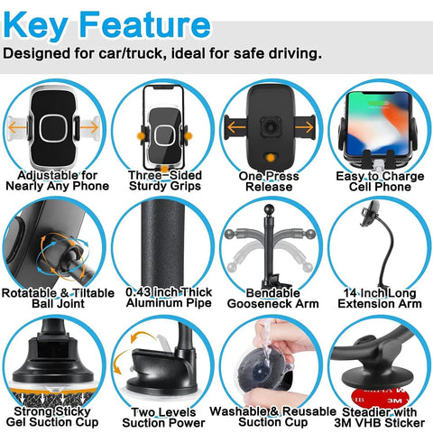 Key features of Heavy Duty Universal Car Truck Phone Mount With Rock Solid 14 Inch Gooseneck Long Arm and Quick Release Button for safe driving.