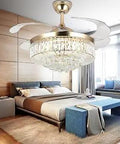 42 Inch Fandelier Ceiling Fan With Crystal Chandelier Light with gold retractable blades, in modern bedroom setting
