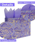 13 Inch Large Rose Purple Gift Bag Set With Greeting Card And Tissue Paper, Gold Foil Accents And Dope Floral Design