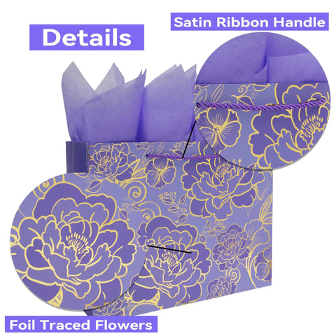 13 Inch Large Rose Purple Gift Bag Set With Greeting Card And Tissue Paper, Gold Foil Accents And Dope Floral Design