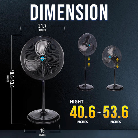 Dimensions of 20 Inch High Velocity Pedestal Fan With Oscillating Motion Industrial Grade 5250 CFM Water Resistant Heavy Duty Metal Stand