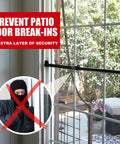 Heavy Duty Sliding Door Security Bar With Child Proof Anti Lift Lock And No Sweat Setup For Adjustable Patio And Window Defense Up To Fifty One Inches Black Steel Bar blocking patio door with outdoor view.