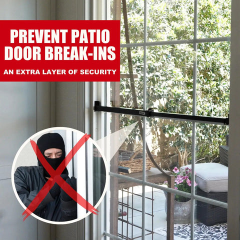 Heavy Duty Sliding Door Security Bar With Child Proof Anti Lift Lock And No Sweat Setup For Adjustable Patio And Window Defense Up To Fifty One Inches Black Steel Bar blocking patio door with outdoor view.