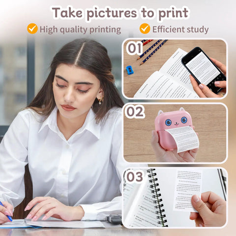 Dope Mini Sticker Printer And Portable Bluetooth Inkless Thermal Photo Maker With Pink Cat Design used for efficient study print in a workspace.