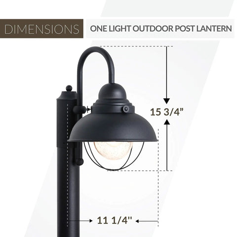One Light Outdoor Post Lantern In Black Finish Dope Porch Lighting Fixture For Pathways, dimensions display in image.