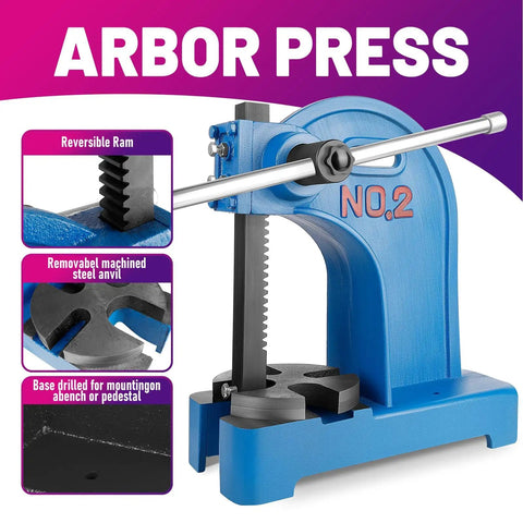 Straight Up Hardcore Manual Arbor Press 2 Ton Heavy Duty Cast Iron Bench Press showing reversible ram and steel anvil.