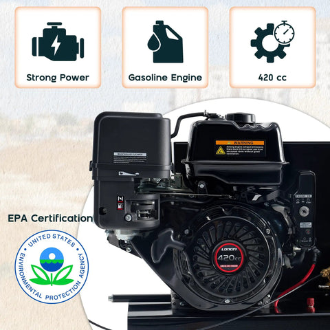 Rugged 13 Horsepower Gas Air Compressor featuring a gasoline engine with 420 cc power and EPA certification.