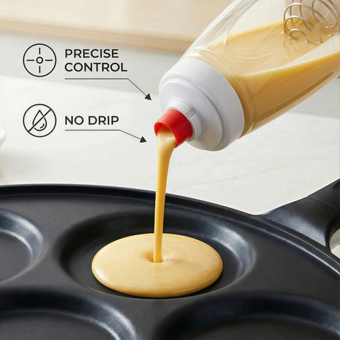 Two Pack Pancake Batter Dispenser Bottles, 1000ml Capacity, Mess Free Pouring For Pancakes, Muffins, Easy Grip Mix Bottle in use