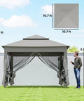 11 By 11 Pop Up Canopy With Screen Walls For Outdoor Use, Instant Gazebo Tent shown set up in a backyard, light gray color