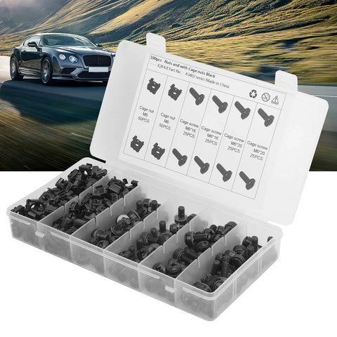 M6 Cage Nut And Screw Kit For Racks And Cabinets, Heavy Duty Carbon Steel Fasteners In Black Finish, Tool Free Quick Install Spring Loaded Cage Nuts With Screws For Chassis, Controllers, Vehicles, And Railways, 100 Nuts And 100 Screws in organizer box