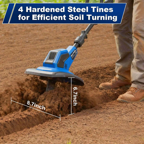 Cordless 20V Garden Tiller Cultivator with 8.7 inch working width and 300 RPM in action, aerating soil in a yard.