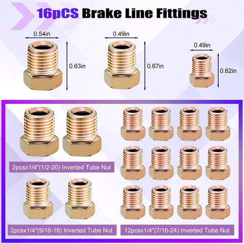 Sixteen inverted flare fittings from Pro Grade One Quarter Inch Copper Coated Brake Line Kit With Twenty Five Feet Of Flexible Tubing And Sixteen Inverted Flare Fittings For Hydraulic Brakes And Fuel Transmission Systems Durable And Corrosion Resistant