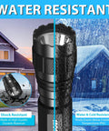 Rugged 1200 Lumen Tactical LED Flashlight With Duty Belt Holster showcasing water and shock resistance features outdoors