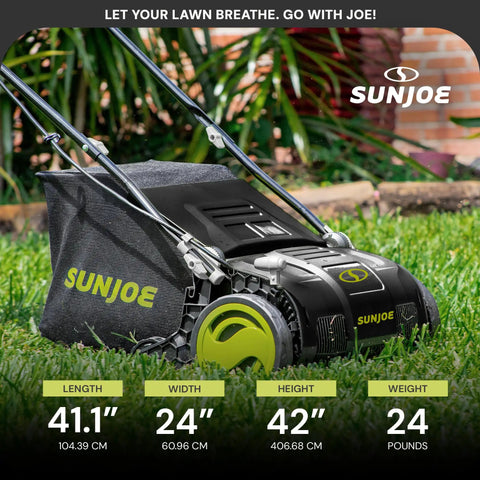 Corded Electric Dethatcher And Scarifier With 12.6 Inch Wide Path And 12 Amp Motor, 8 Gallon Bag, hearty lawn tool on grass