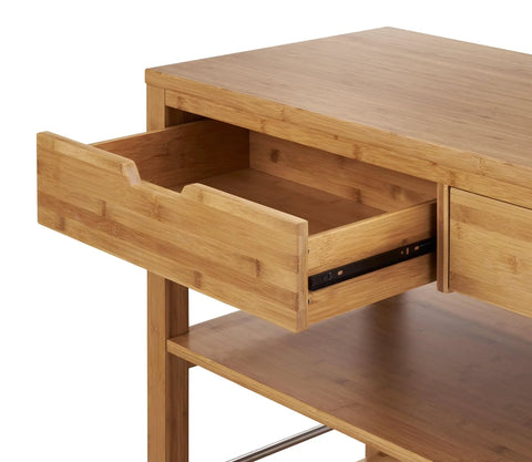 Total Kitchen Upgrade 48 Inch Bamboo Island Cart With Slick Rolling Wheels Double Drawer Units showing one open drawer detail.