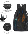 Medium Go-To Swim Bag For Swimmers With Full Open Mesh Beach Backpack Design Dual Zippers and top handle detail