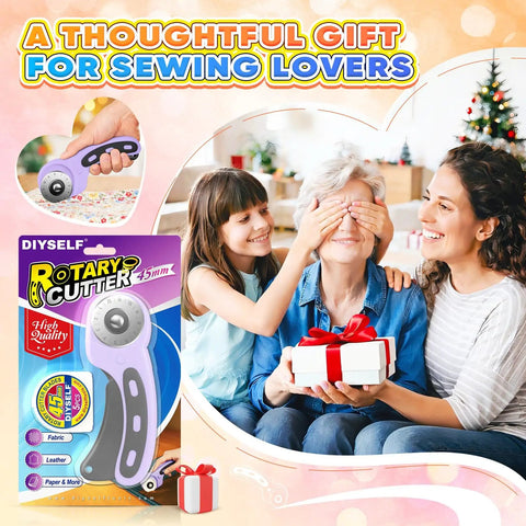 Rotary Cutter For Fabric With 45mm Blades And 5 Extra Replacement Blades packaging and gift scene with family exchanging presents