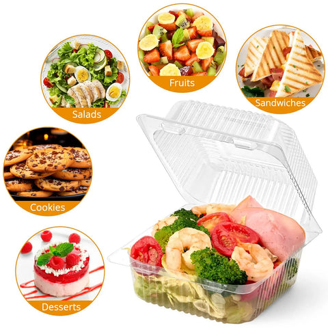 50 Pack Clear Plastic Takeout Containers With Hinged Lids For Cookies Desserts Fruits Salads And Sandwiches, transparent container with food.