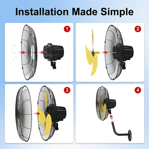 Installation guide for 20 Inch Wall Mount Fan With 7200 CFM Beast Airflow, 90 Degree Oscillation, 3 Speeds, Adjustable Tilt