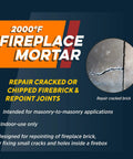 Info graphic showing Fireplace Mortar Cartridge For Firebrick Repair, application tips with cracked brick example, 2000°F rated