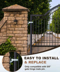 Tough As Nails Heavy Duty Gate Frame Hinges For 1-3/8 Inch OD Posts, Galvanized Chain Link Fence Gate Hinge Set For Outdoor Driveway, Farm, And Fence Gates, Perfect For Gate Repair, Replacement, Upgrades. Gate hinge mounted on black iron fence post beside stone pillar.