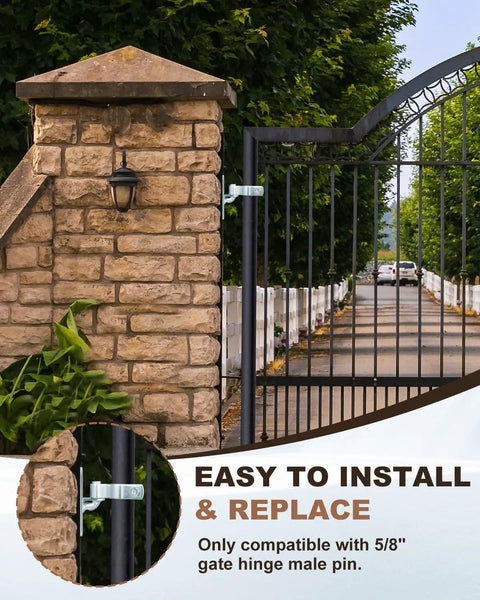 Tough As Nails Heavy Duty Gate Frame Hinges For 1-3/8 Inch OD Posts, Galvanized Chain Link Fence Gate Hinge Set For Outdoor Driveway, Farm, And Fence Gates, Perfect For Gate Repair, Replacement, Upgrades. Gate hinge mounted on black iron fence post beside stone pillar.