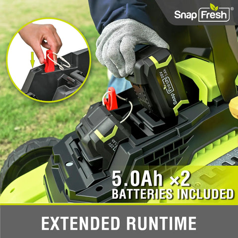 40V Brushless Cordless Lawn Mower With Dual 5Ah Batteries being inserted, Easy Push Start for extended runtime