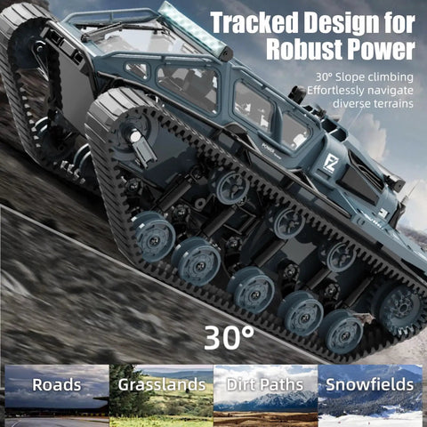 1 16th Scale Military RC Tank Off Road Crawler With 4WD Adjustable Speed And Steering Dual Batteries Openable Doors shown climbing 30° slope
