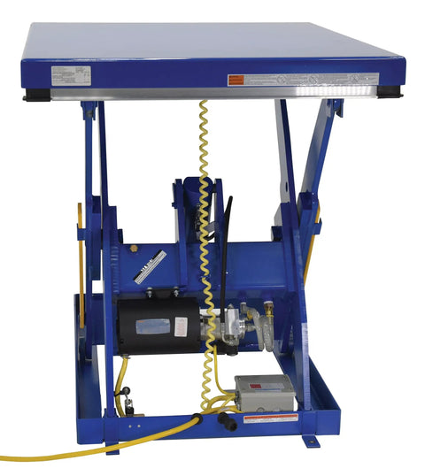 Straight Up Heavy Duty Electric Hydraulic Lift Table With 40 By 48 Inch Platform showing hydraulic components and welded steel frame.
