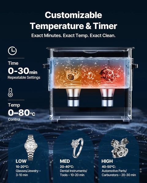Customizable temperature and timer settings for 6L Stainless Steel Ultrasonic Cleaner With Digital Display And Cleaning Basket.