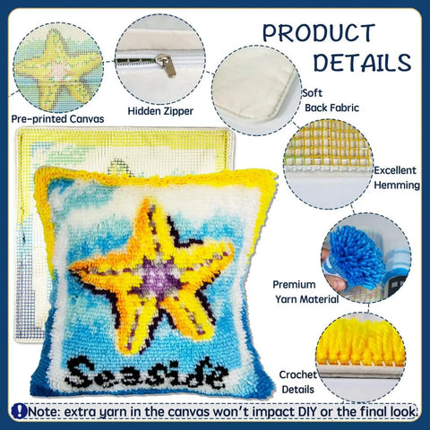 Latch Hook Kit For Beginners, 17x17 Inch Pre Printed Animal Cushion Cover With Easy Tools, showing starfish design and product details