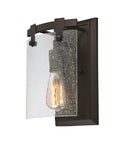 One Light Indoor Wall Sconce In Oil Rubbed Bronze Finish With Clear Seeded Glass, easy install, perfect for bathrooms, hallways