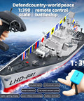 Remote Controlled Warship Battleship 23.6 Inch 4WD 2.4G RC Carrier On Water Model For Lakes And Pools LED Twin Engine Amphibious Ship 1 390 Scale For 14 Plus Enthusiasts with controller and scale view.