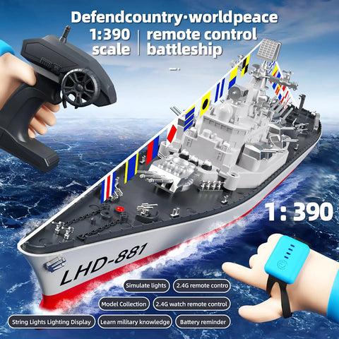 Remote Controlled Warship Battleship 23.6 Inch 4WD 2.4G RC Carrier On Water Model For Lakes And Pools LED Twin Engine Amphibious Ship 1 390 Scale For 14 Plus Enthusiasts with controller and scale view.