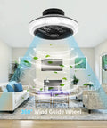 Bladeless Ceiling Fan With Lights And Bluetooth Speaker Dope 6 Speed Remote Control RGB Color Lighting Enclosed Low Profile Flush Mount Ceiling Fan For Kids Bedroom Chill Modern Ceiling Fan For Boys And Girls installed in a living room with airflow visualization and modern decor.