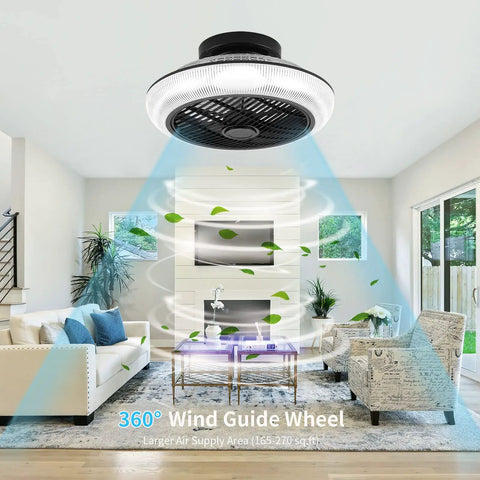 Bladeless Ceiling Fan With Lights And Bluetooth Speaker Dope 6 Speed Remote Control RGB Color Lighting Enclosed Low Profile Flush Mount Ceiling Fan For Kids Bedroom Chill Modern Ceiling Fan For Boys And Girls installed in a living room with airflow visualization and modern decor.