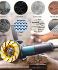 4 Inch Diamond Cup Grinding Wheel Turbo Concrete, 12 Segs, Heavy Duty Angle Grinder Wheels Set shown with various materials