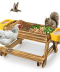 Carbonized Wooden Chicken Picnic Table Feeder With Two Water Dispensers featuring feed trays, a chicken, squirrel, and hummingbird.