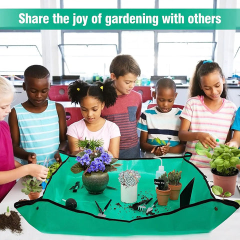 Children using Beginner Friendly Gardening Tools Kit For Women, 20 Piece Indoor Succulent And Bonsai Care Set with plants on tarp