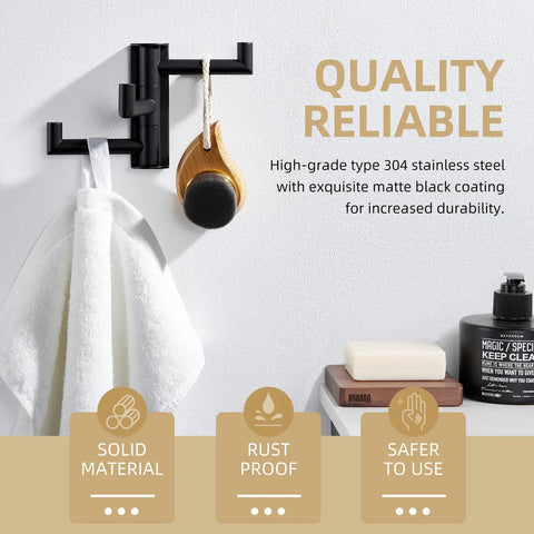 Super Slick Swivel Towel Hook With Three Turning Arms Matte Black Wall Mount Coat Rack Rock Solid Bathroom Robe Hanger hanging towel and bath accessory.