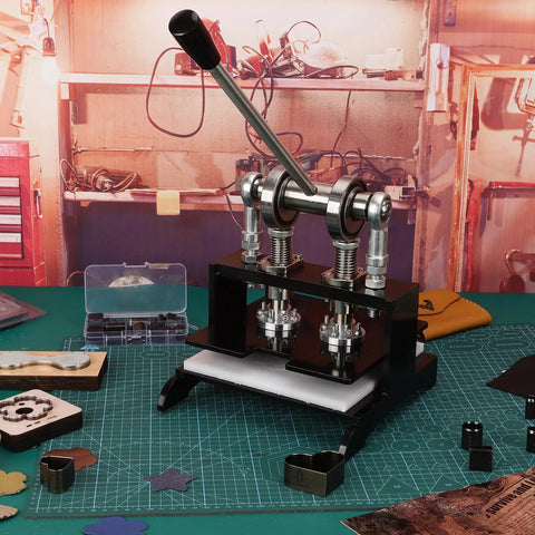 Beast Of A Leather Cutting Press 1.5 Ton With 20x20cm Work Bed Dual Guide Shafts And 39 Piece Hole Punch Tool Set in a workshop
