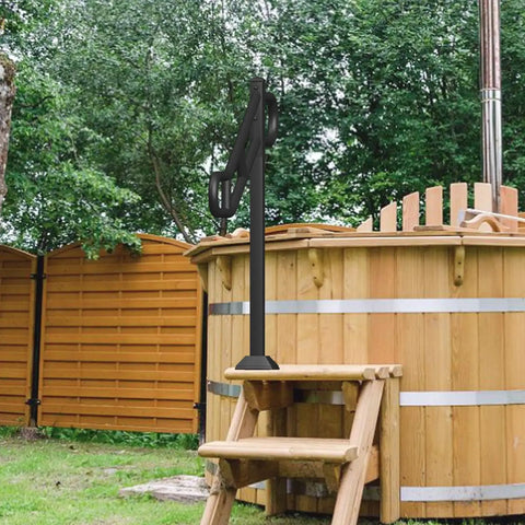 Next Level Black Metal Single Post Handrail For Outdoor Steps, U Shaped Stair Railing, 36 Inch Height With Dual Anti Skid Crossbars, Floor Mounted Square Steel Guardrail For Porch Deck Setup near wooden hot tub steps.