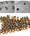 100-Piece M10 Zinc Plated Carbon Steel Rivet Nut Kit For Metal Plates And Pipes, close-up of nutserts and installation on metal